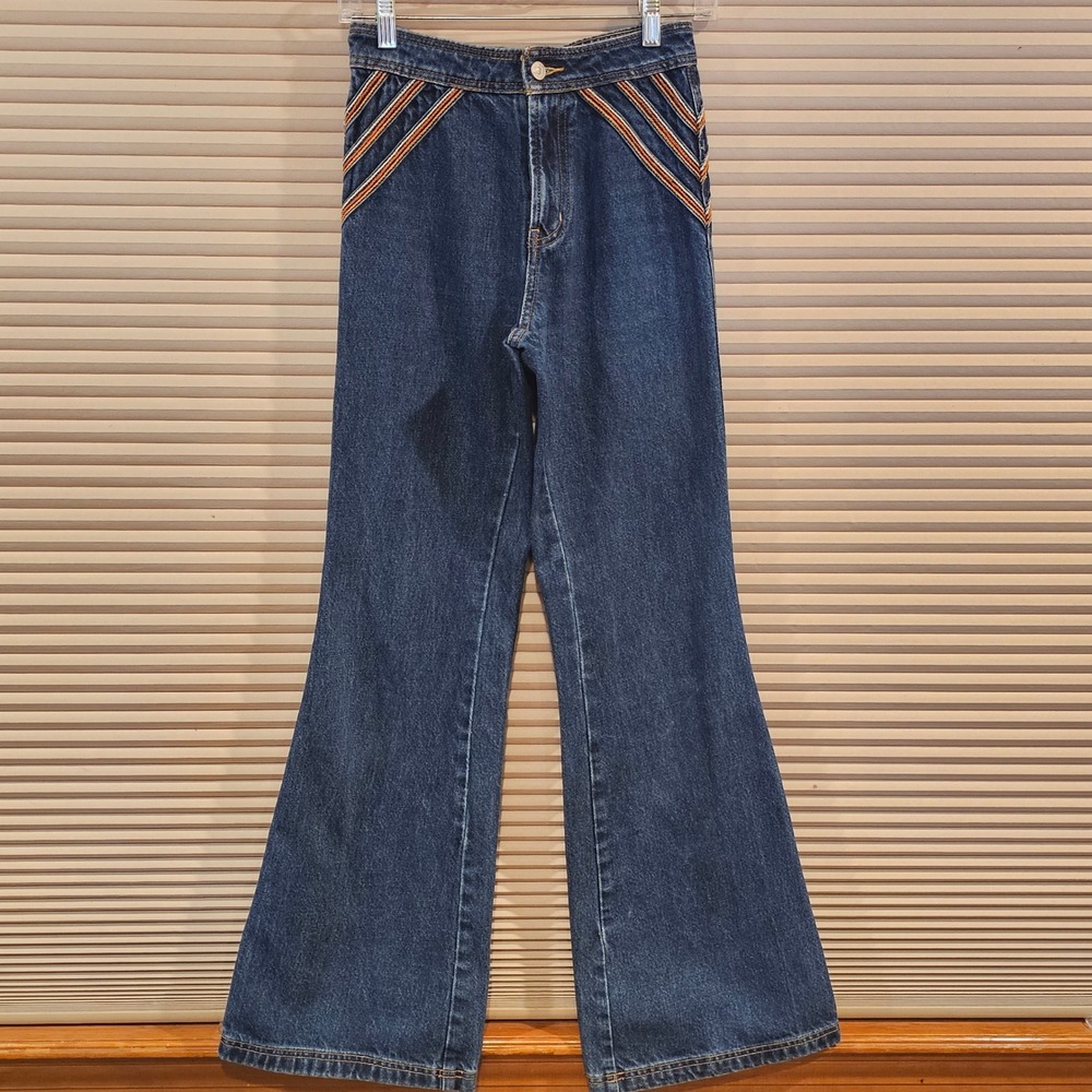 We The Free Over the Rainbow Flare Jeans Blue Embroidered Stripe 24‎ 70s Retro